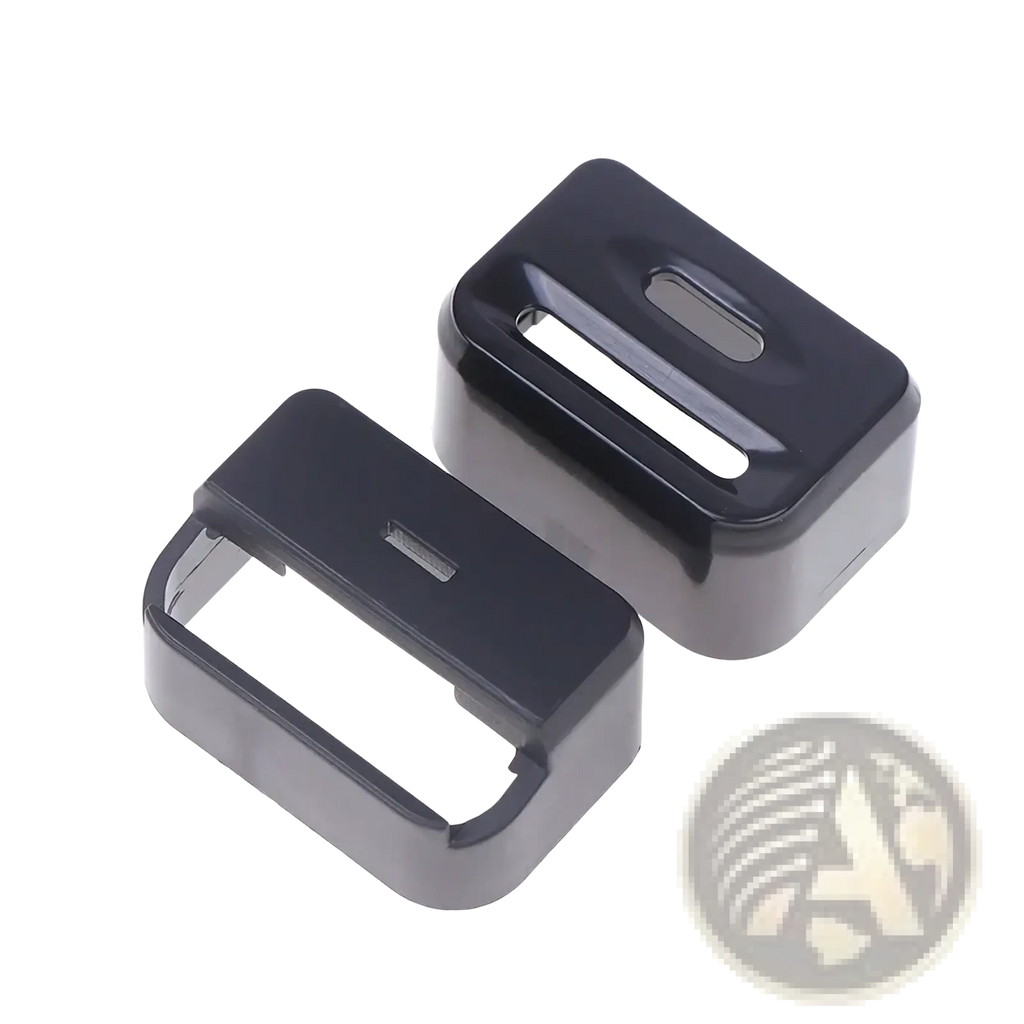 Black plastic car seat belt buckle cover child safety protector with glossy finish and camera cutout visible from back side