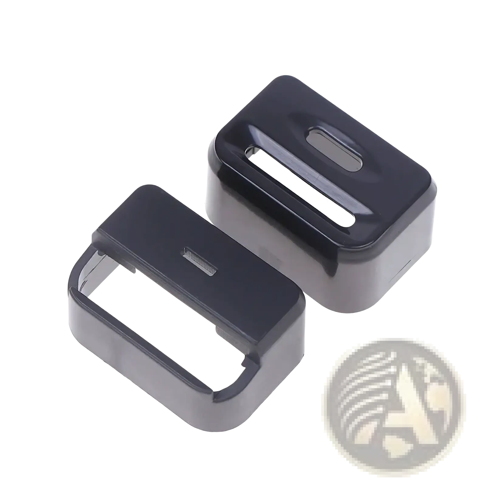 Black plastic car seat belt buckle cover child safety protector with glossy finish and camera cutout visible from back side