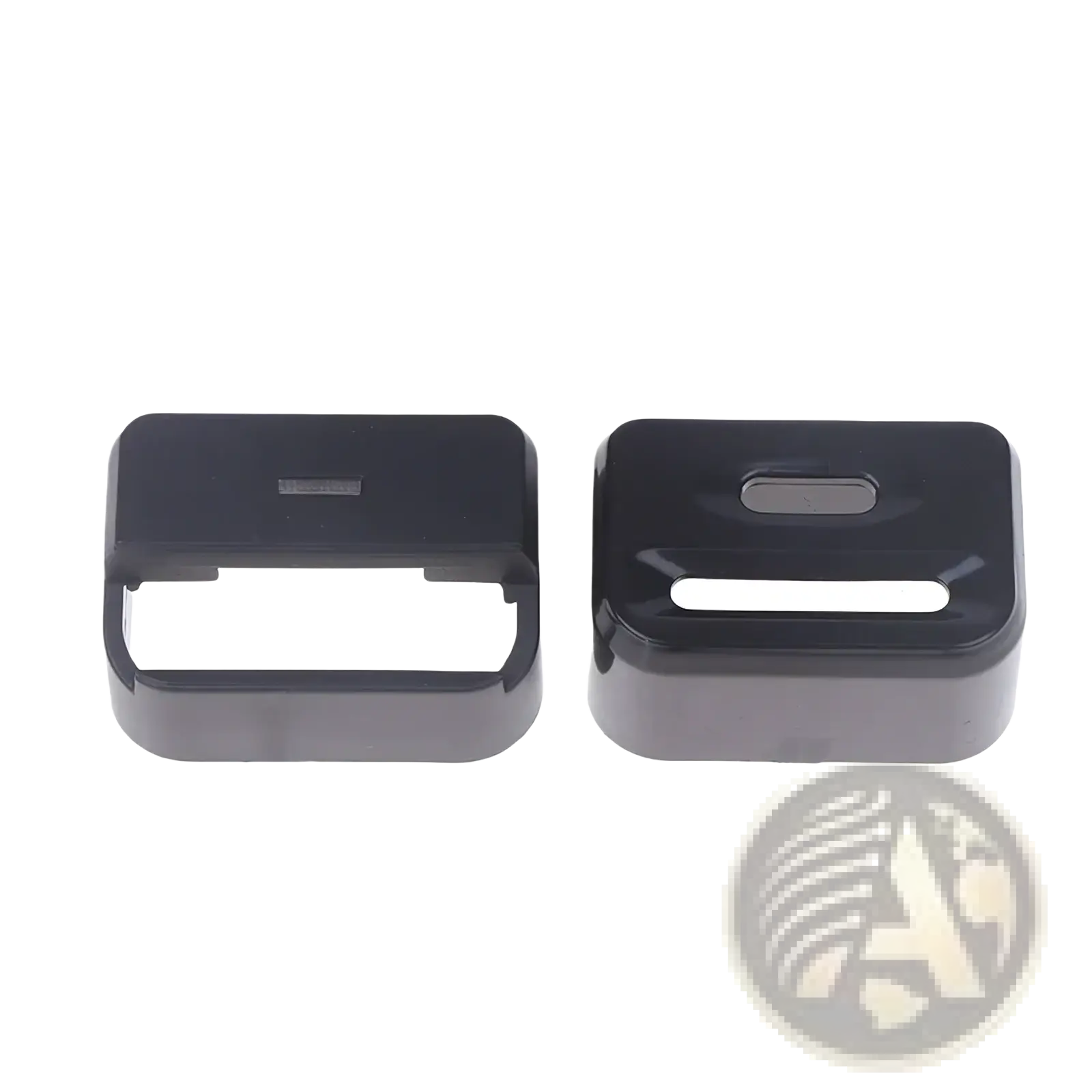 Black plastic car seat belt buckle covers with glossy finish and rectangular cutouts for child safety protection