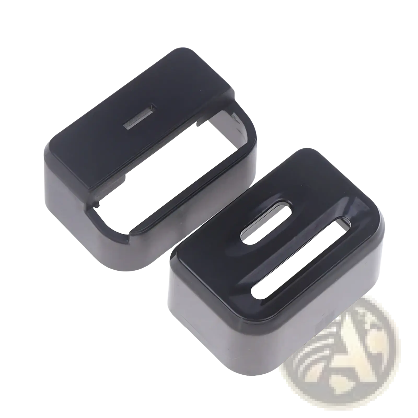 Black plastic car seat belt buckle covers with glossy finish and rectangular cutouts for child safety protection