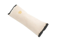 Beige fabric car seat belt pillow with black trim and embroidered sun logo for kids head and neck support