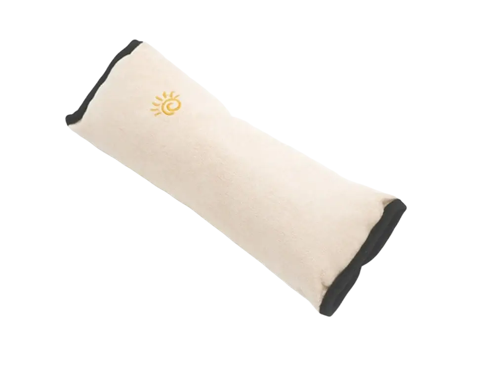 Beige fabric car seat belt pillow with black trim and embroidered sun logo for kids head and neck support