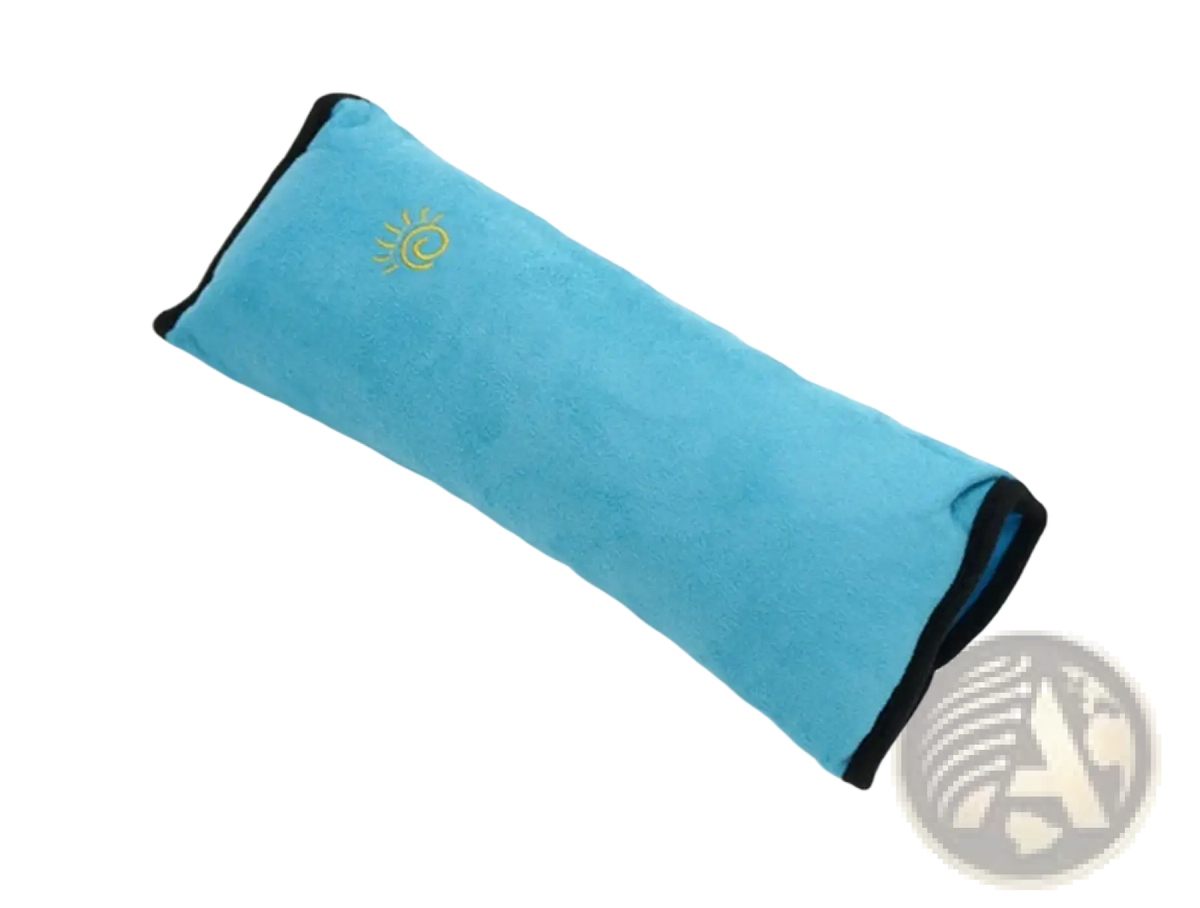 Light blue suede car seat belt pillow with black trim and gold sun emblem for kids head and neck support