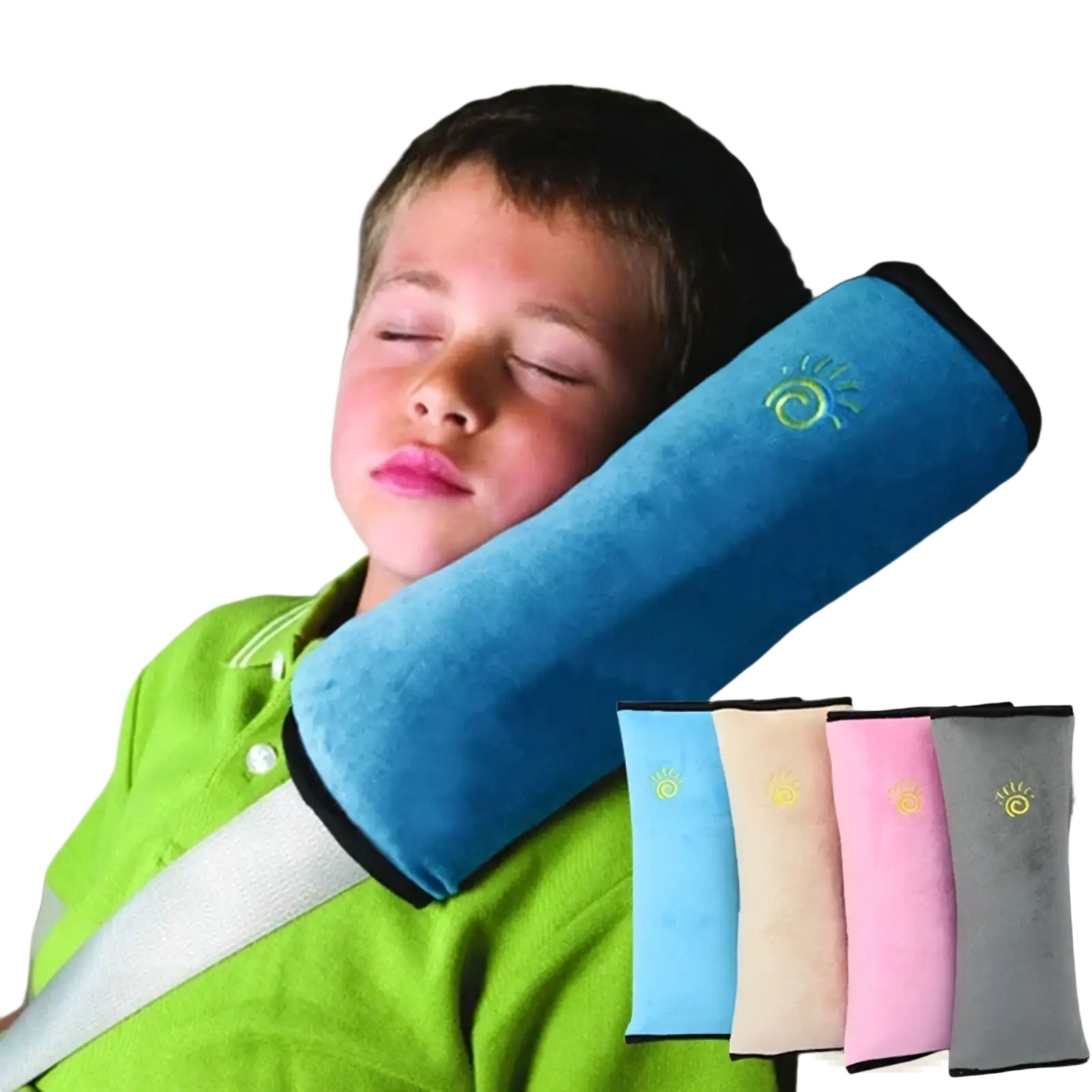Blue velvet car seat belt pillow with embroidered sun logo for kids head and neck support