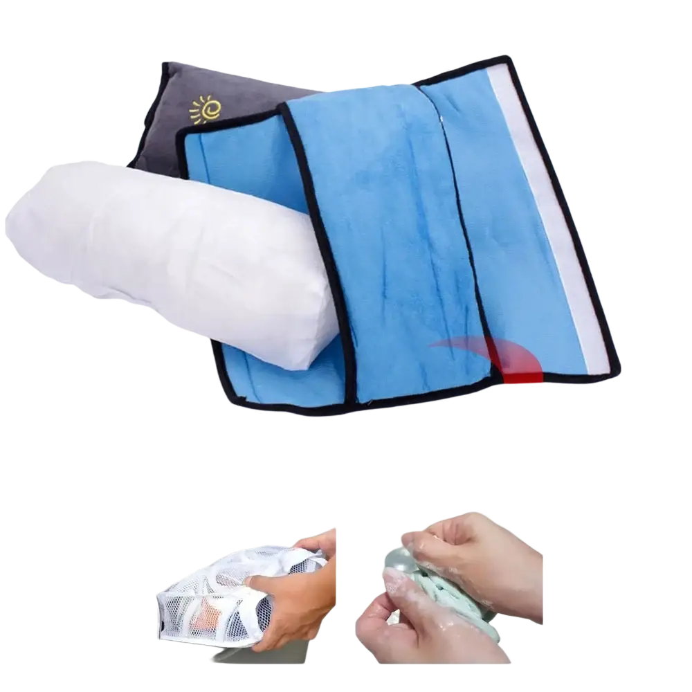 Blue and white mesh laundry bag with black trim designed for protecting delicate items during washing