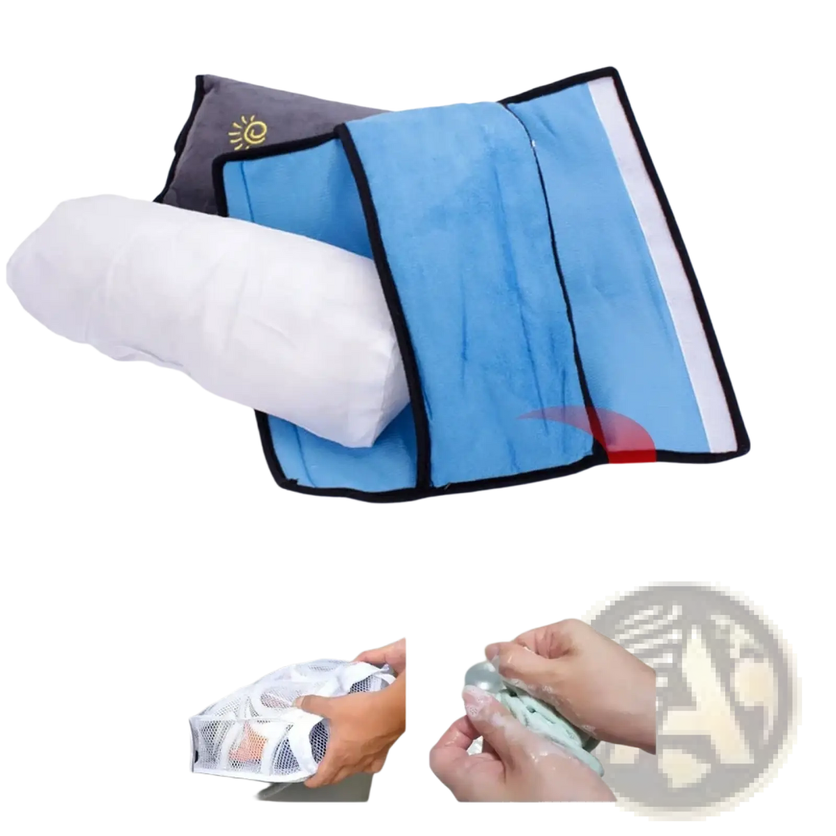 Blue and white mesh laundry bag with black trim designed for protecting delicate items during washing