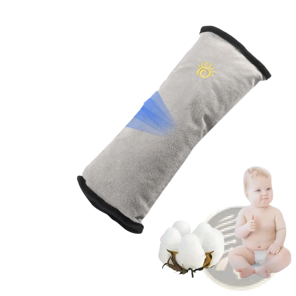 Gray cotton fabric car seat belt pillow with black trim and yellow sun emblem for kids head and neck support