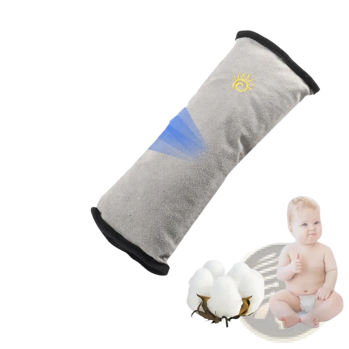 Gray cotton fabric car seat belt pillow with black trim and yellow sun emblem for kids head and neck support