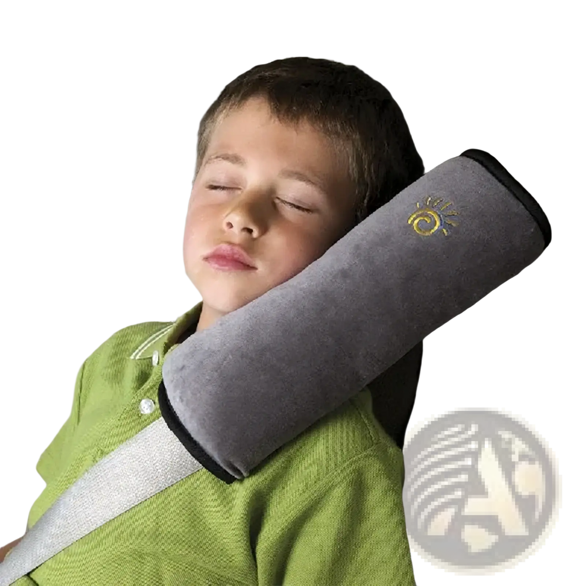 Gray plush car seat neck pillow with embroidered sun logo providing head and neck support for kids in vehicles