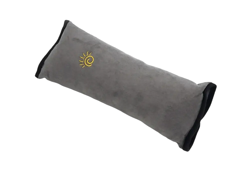 Gray plush car seat belt pillow with black trim and gold embroidered sun logo for kids head and neck support