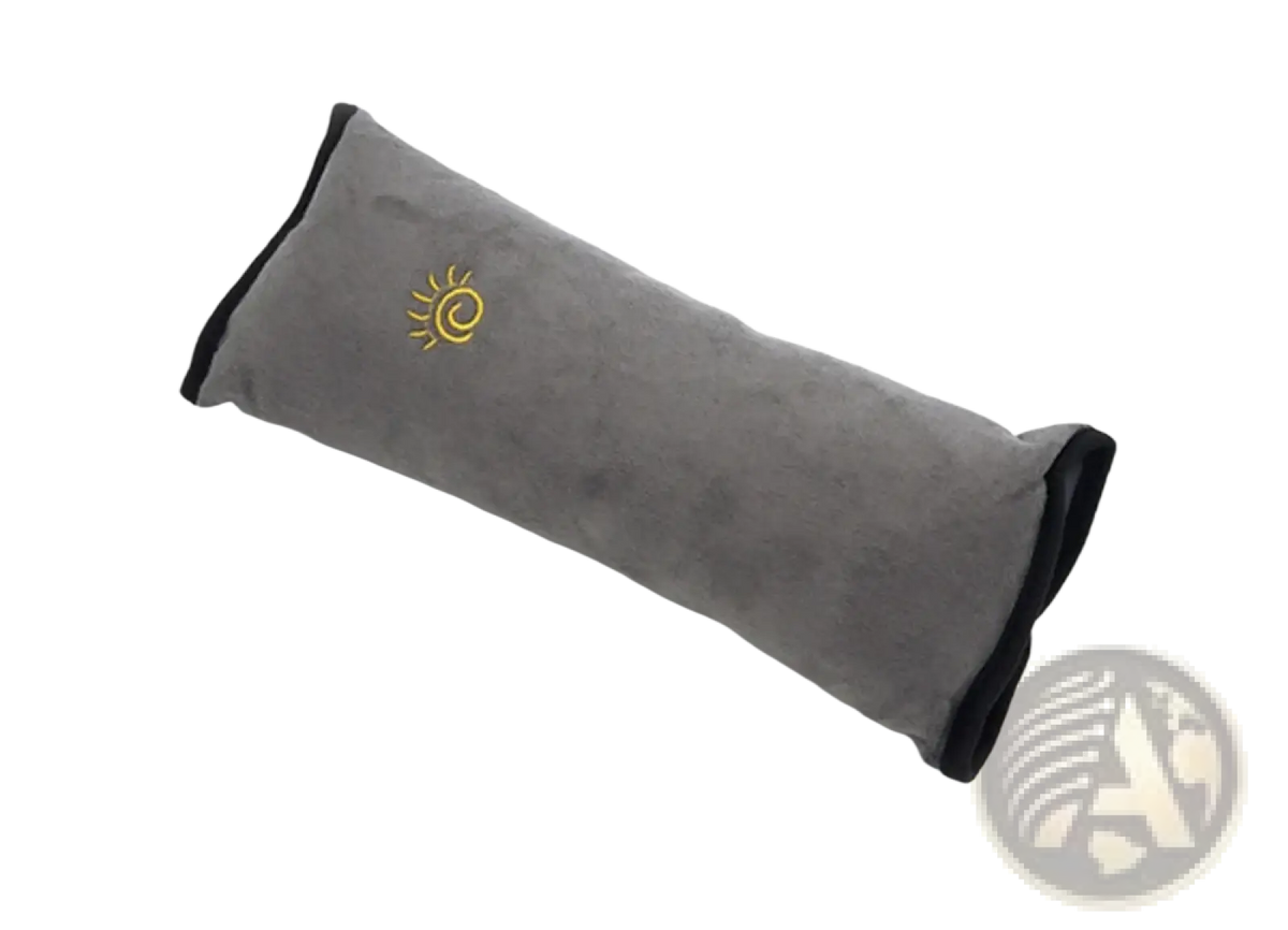Gray plush car seat belt pillow with black trim and gold embroidered sun logo for kids head and neck support