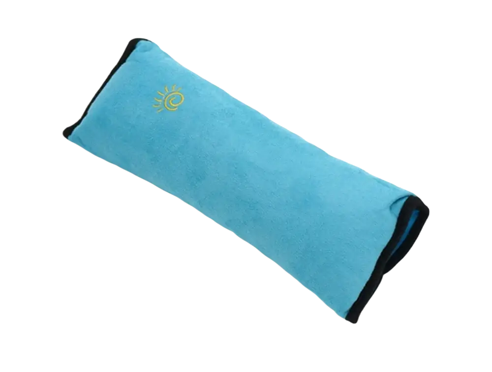 Light blue suede car seat belt pillow with black trim and gold sun emblem for kids head and neck support