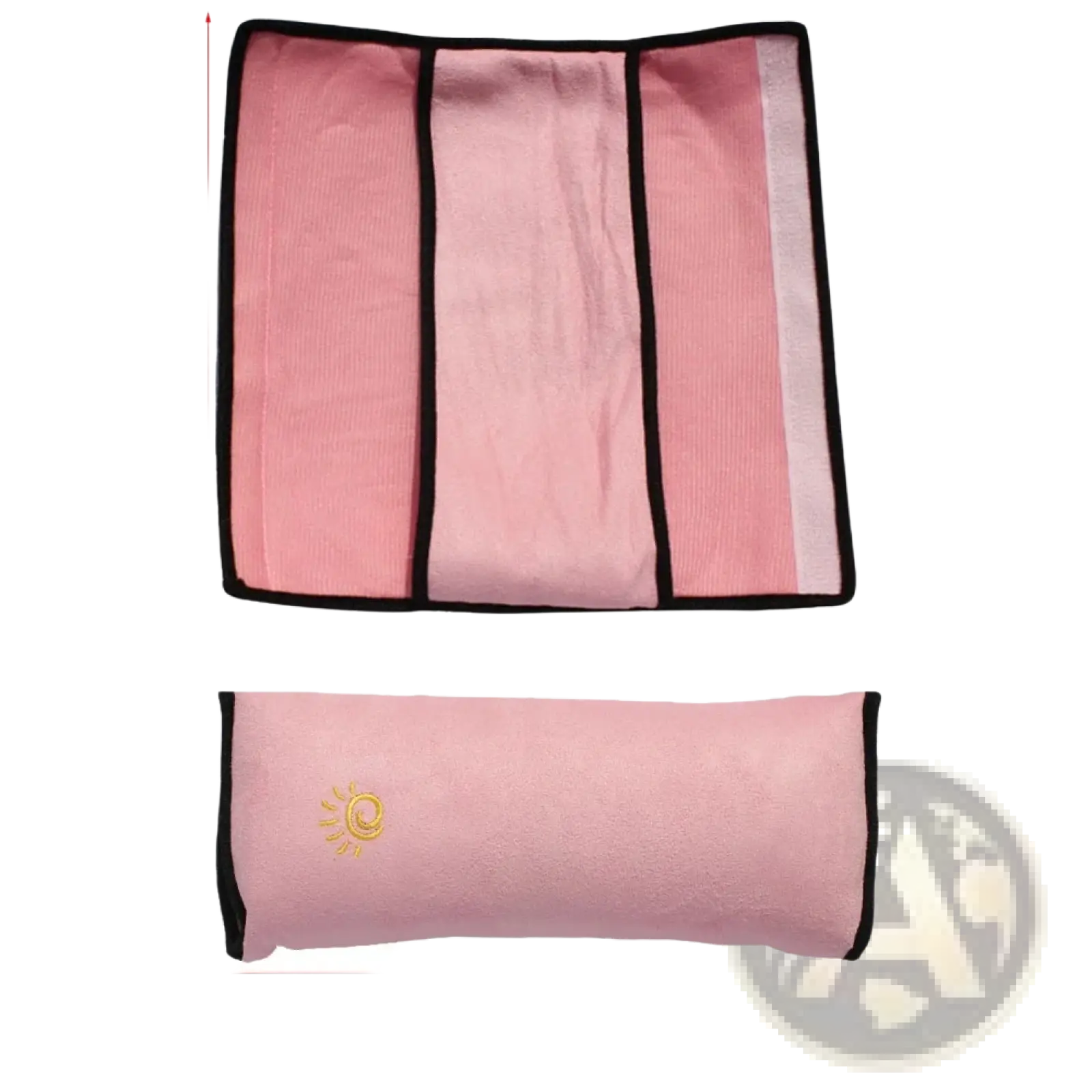 Pink microfiber car seat belt pillow with black trim and gold sun emblem for kids head and neck support