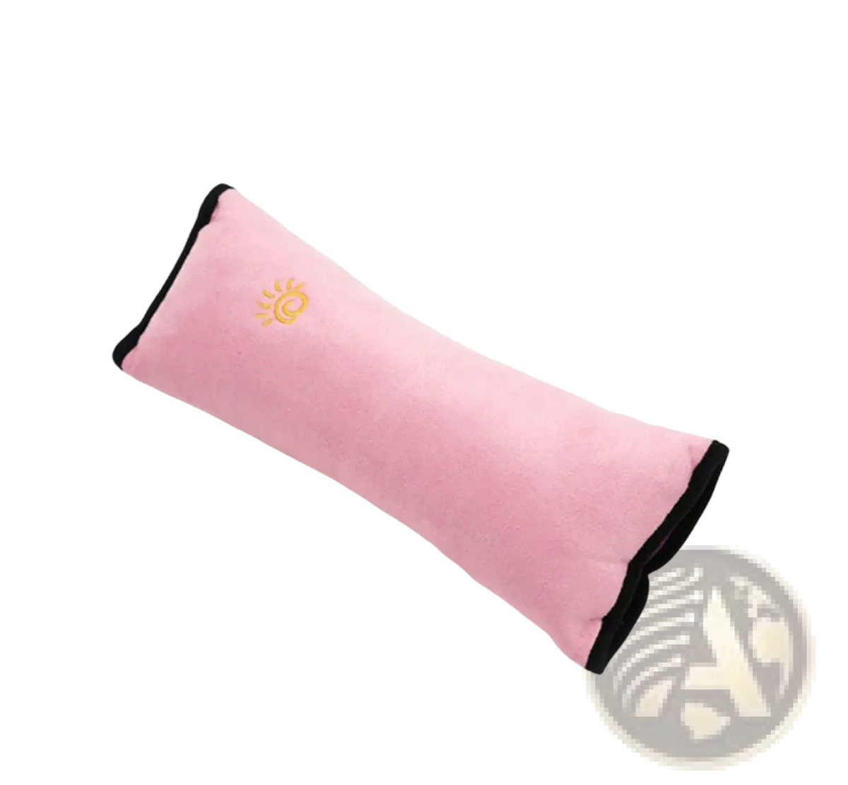 Pink plush car seat belt pillow with black trim and golden sun emblem for kids head and neck support