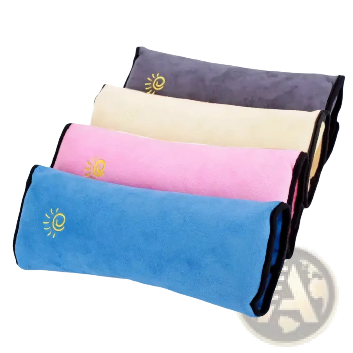 Soft plush microfiber car seat belt pillows for kids with head and neck support in blue pink cream and gray with gold sun logos