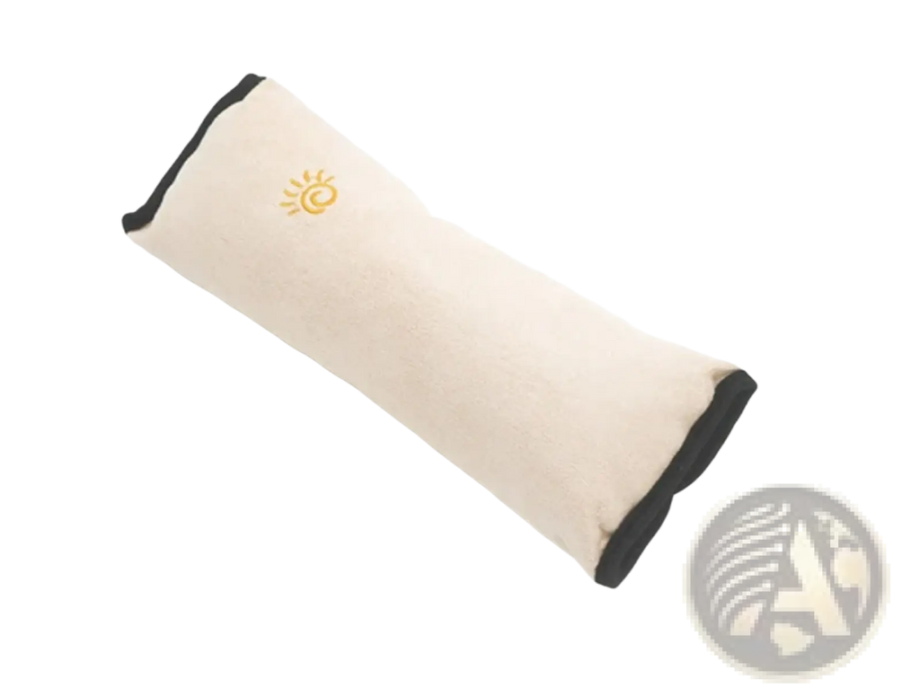 Beige fabric car seat belt pillow with black trim and embroidered sun logo for kids head and neck support