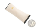 Beige fabric car seat belt pillow with black trim and embroidered sun logo for kids head and neck support