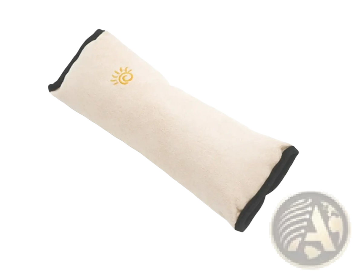 Beige fabric car seat belt pillow with black trim and embroidered sun logo for kids head and neck support