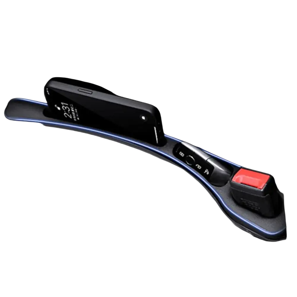 Black rubber car seat gap filler 2pack with blue led lighting and red button for leak-proof console organization