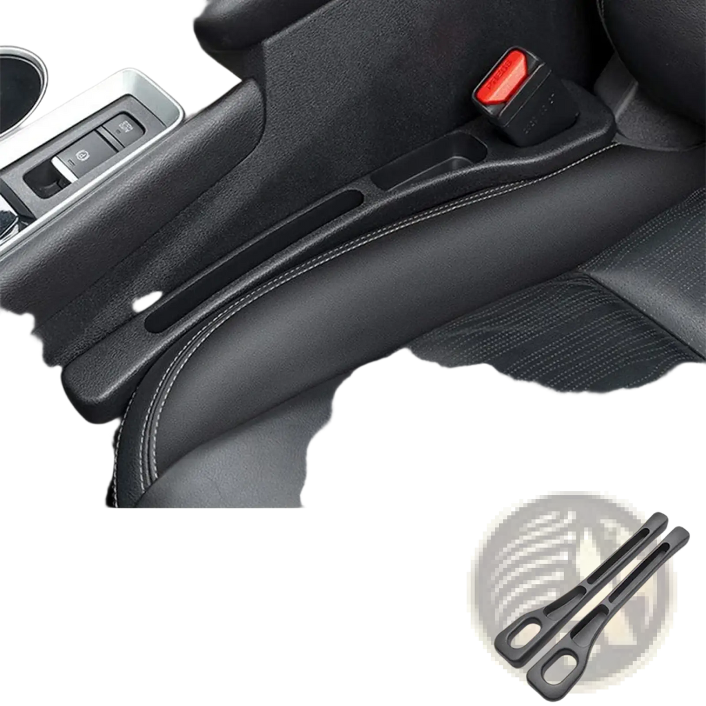 Black plastic car seat gap filler 2pack with sleek ergonomic design and stitched edges for console organization
