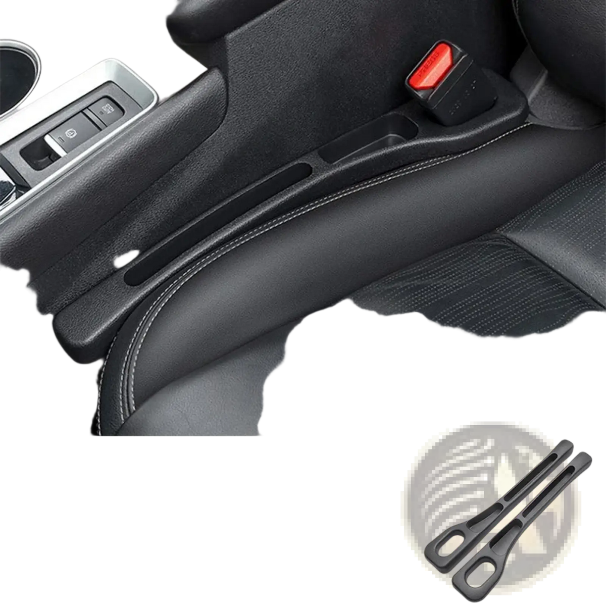 Black plastic car seat gap filler 2pack with sleek ergonomic design and stitched edges for console organization