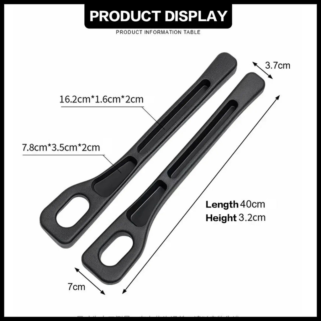 Black plastic handle grips with rectangular shape and elongated slots for ergonomic comfort in car seat gap filler organizer rubber