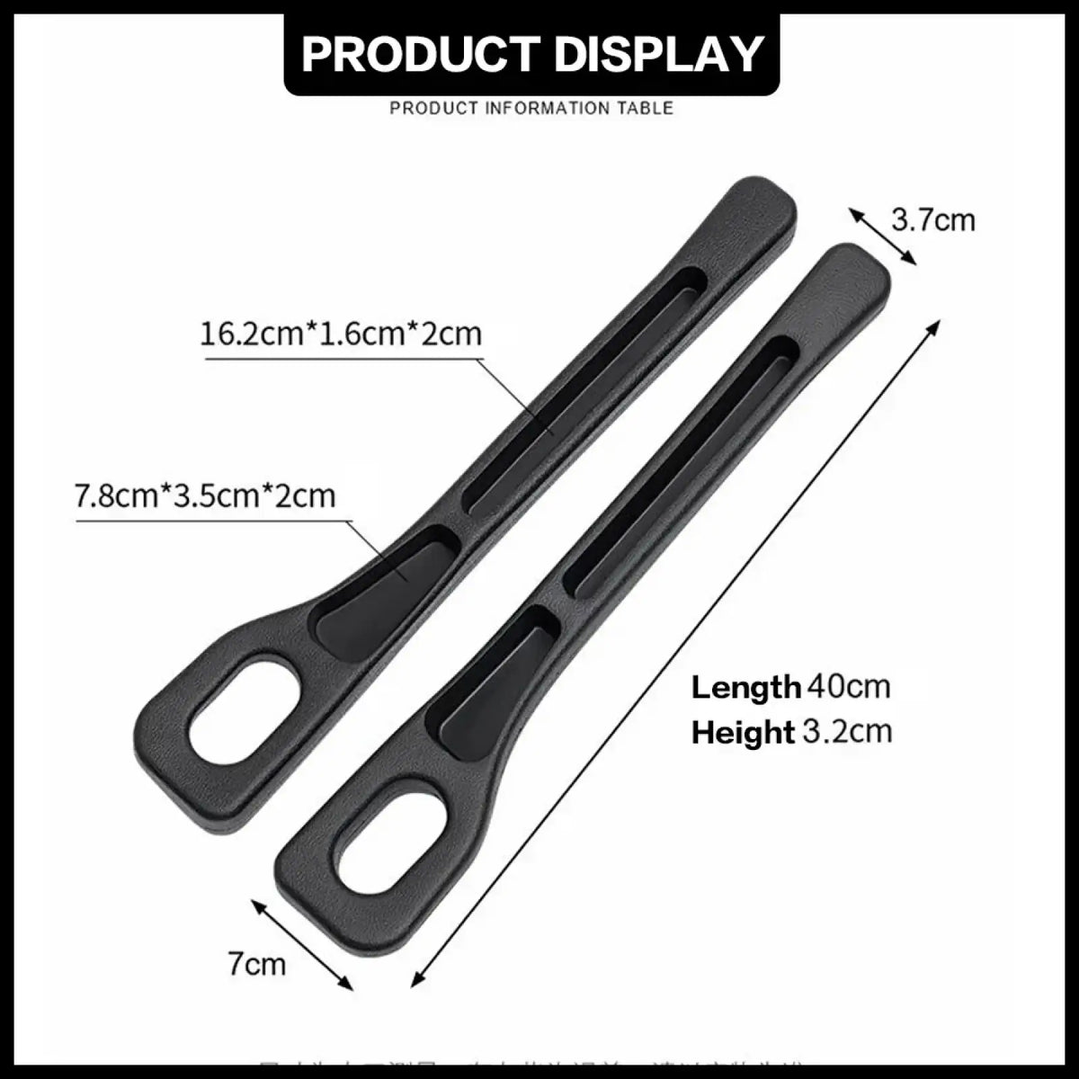 Black plastic handle grips with rectangular shape and elongated slots for ergonomic comfort in car seat gap filler organizer rubber
