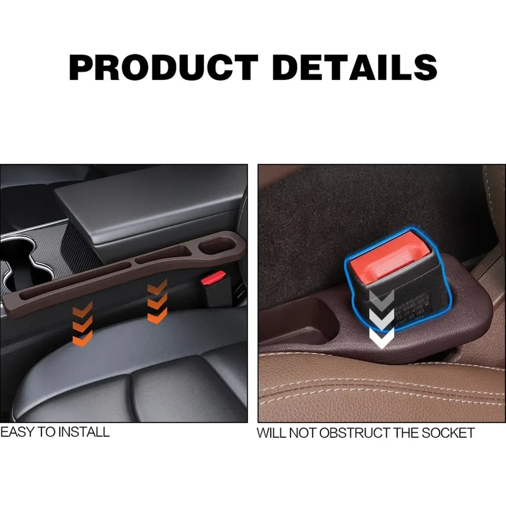 Brown plastic car seat gap filler console organizer with integrated cup holders and seatbelt buckle slot rubber 2-pack