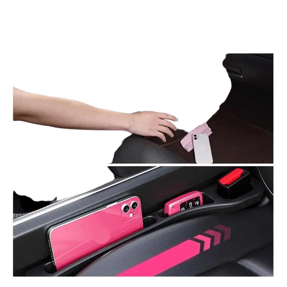 Pink car seat gap filler 2pack with black carbon fiber trim and arrow design for console organizer rubber interior