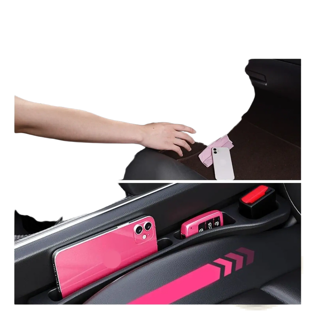 Pink car seat gap filler 2pack with black carbon fiber trim and arrow design for console organizer rubber interior