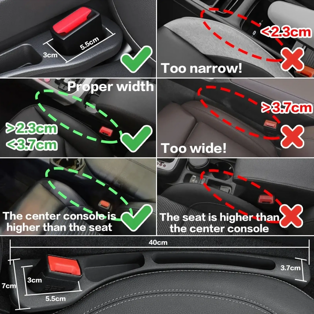 Red rectangular car seat adjustment button with black plastic housing for precise fit in car seat gap filler 2pack console organizer rubber