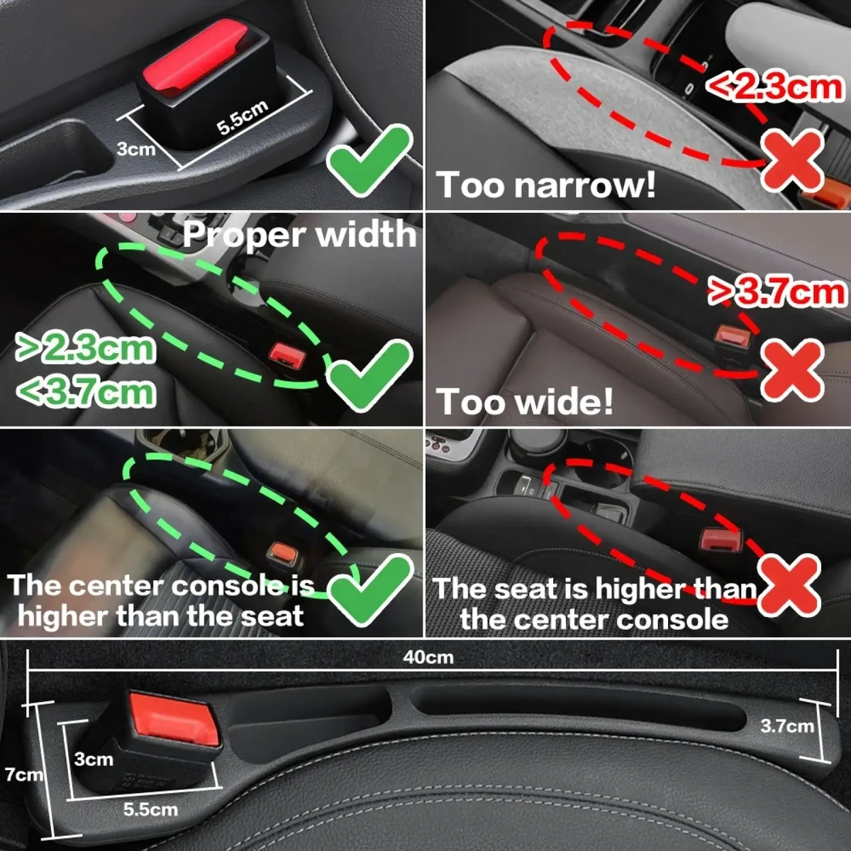 Red rectangular car seat adjustment button with black plastic housing for precise fit in car seat gap filler 2pack console organizer rubber