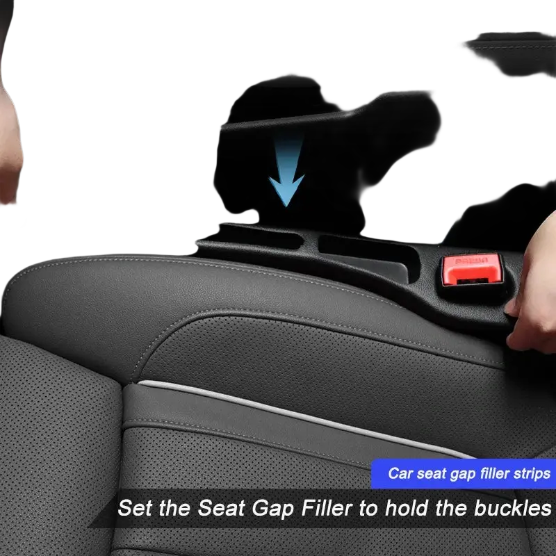 Black car seat gap filler strip 2pcs with red button and three cutouts to secure buckles preventing seat gap leaks