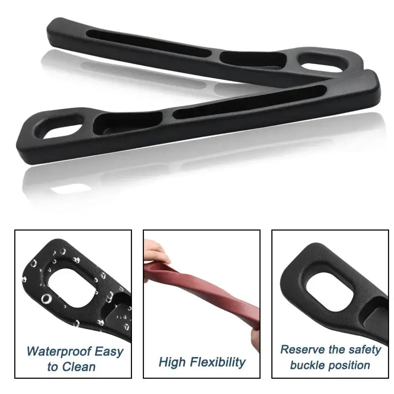 Black plastic car seat gap filler strip with integrated grip and safety buckle for flexible leakproof use