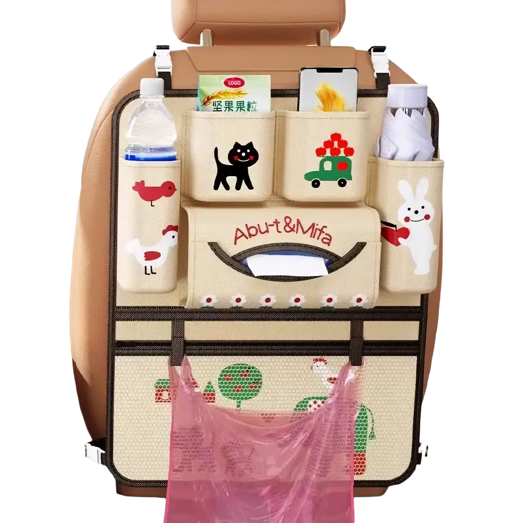 Beige car seat organizer with cartoon animal and vehicle designs featuring multiple storage compartments for kids