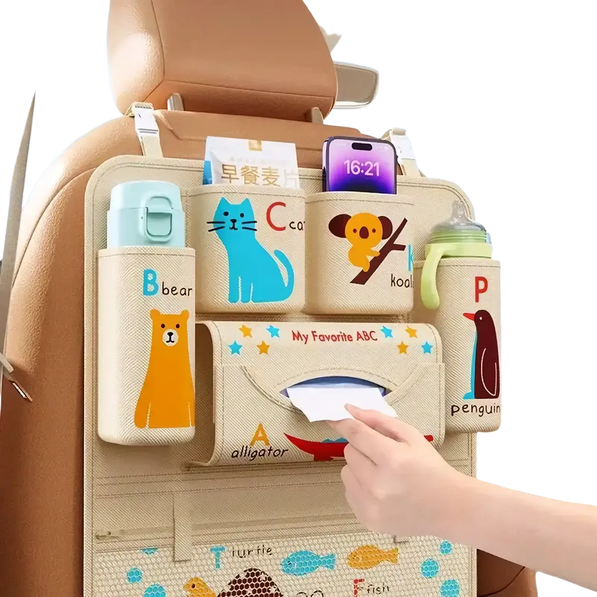 Beige car seat organizer with colorful animal alphabet compartments and tissue box for vehicle storage pockets