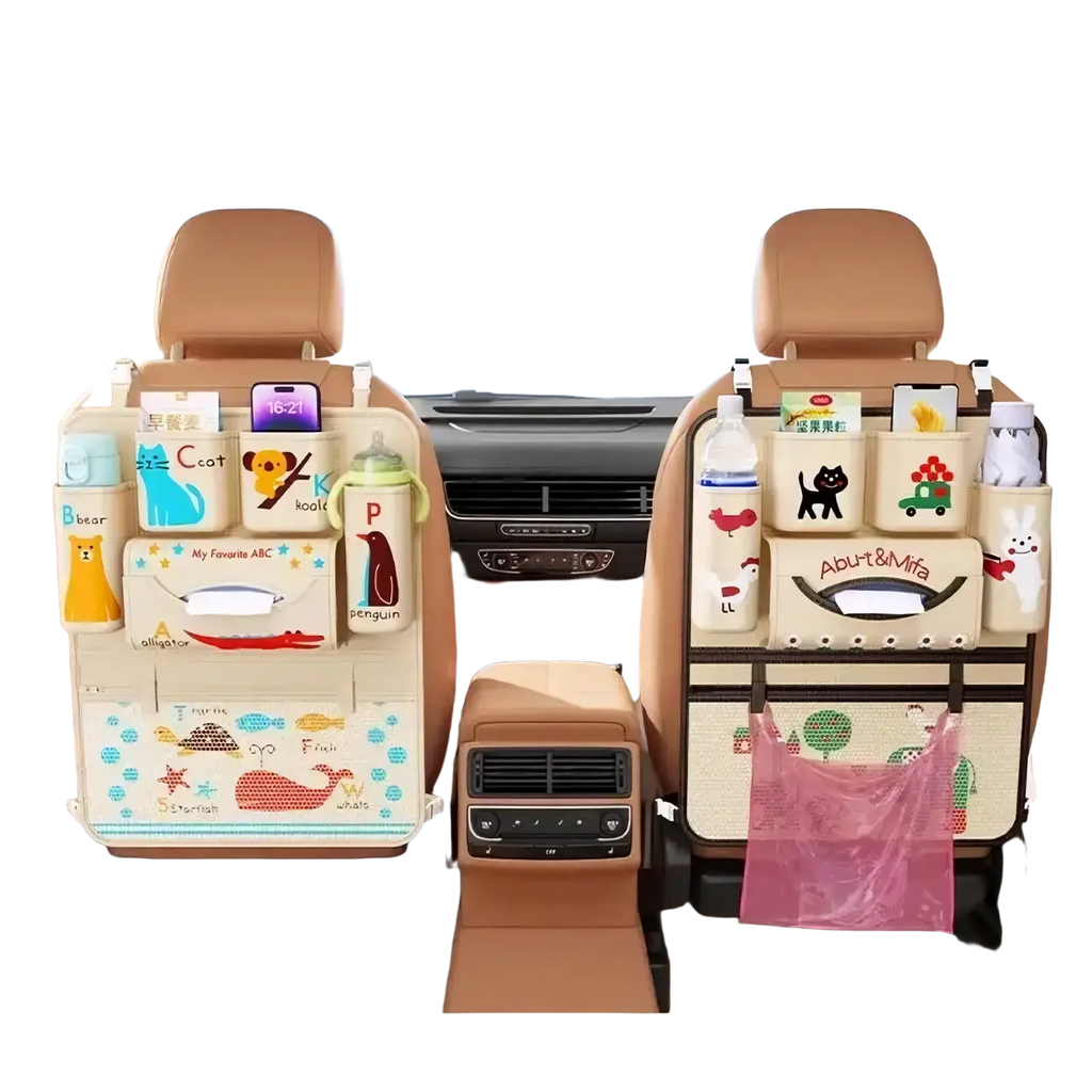 Beige car seat back organizer with cartoon animal and alphabet designs featuring multiple storage pockets