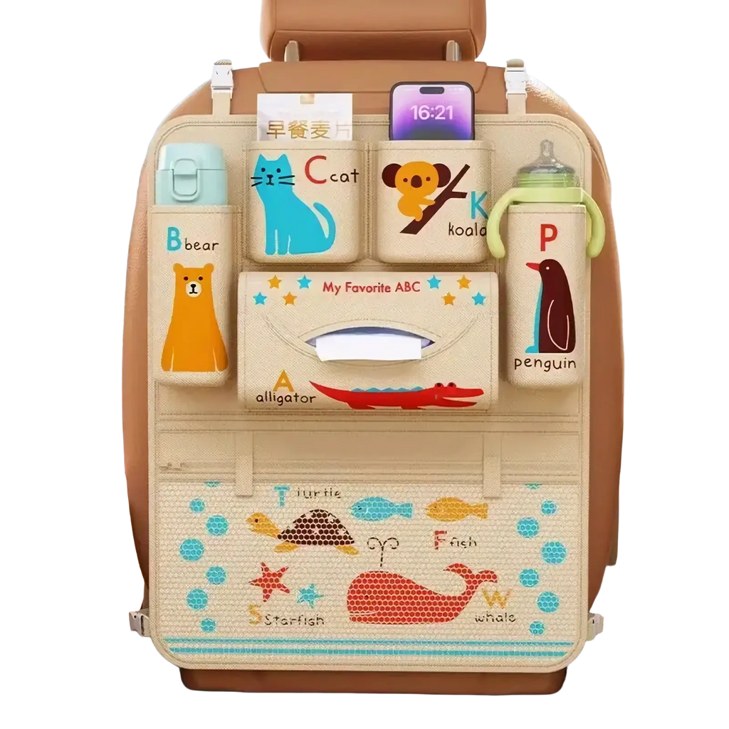 Beige car seat organizer with colorful animal-themed pockets and a tissue holder featuring cartoon characters