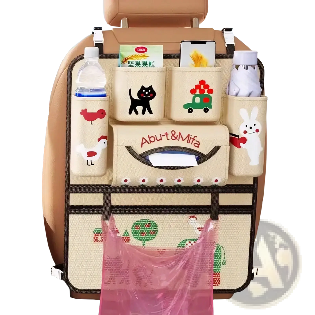 Beige car seat organizer with cartoon animal and vehicle designs featuring multiple storage compartments for kids