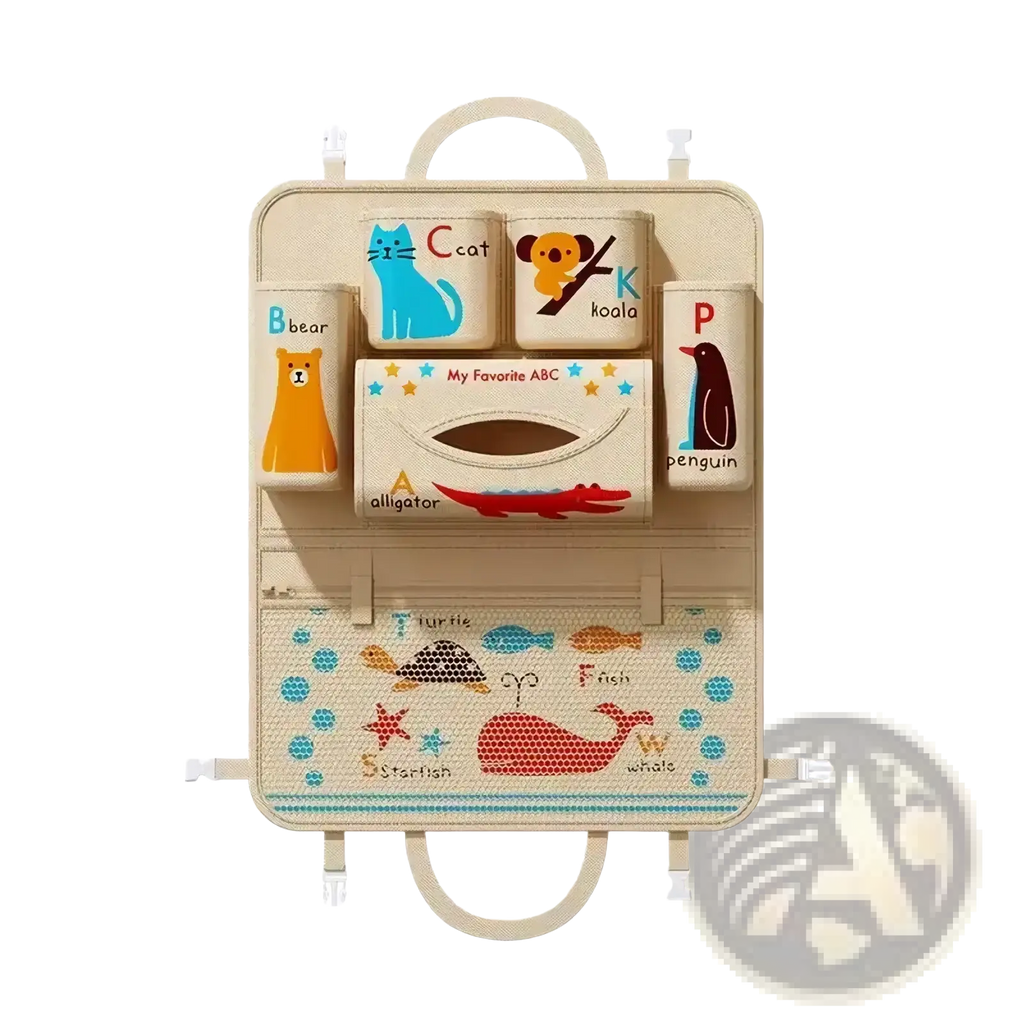 Beige car seat organizer with colorful animal-themed compartments and letter labels for children’s storage pockets