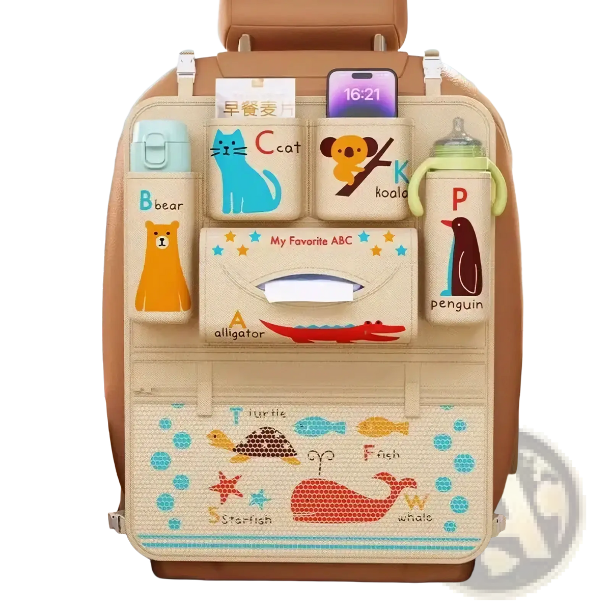 Beige car seat organizer with colorful animal-themed pockets and a tissue holder featuring cartoon characters