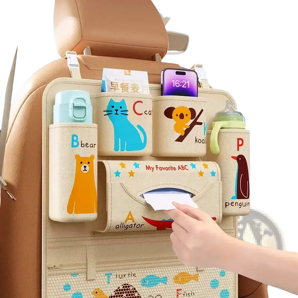 Beige car seat organizer with colorful animal alphabet compartments and tissue box for vehicle storage pockets