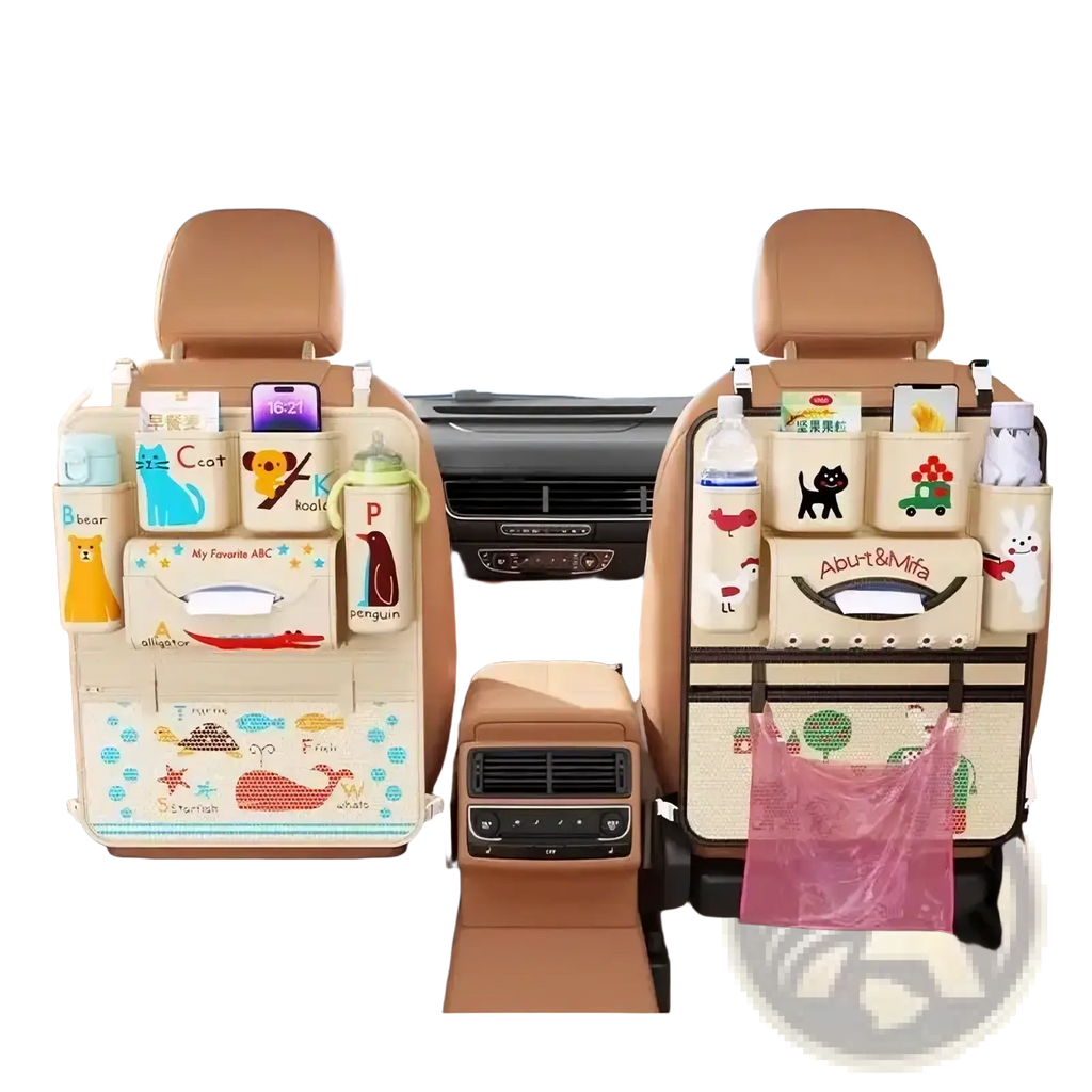 Beige car seat back organizer with cartoon animal and alphabet designs featuring multiple storage pockets