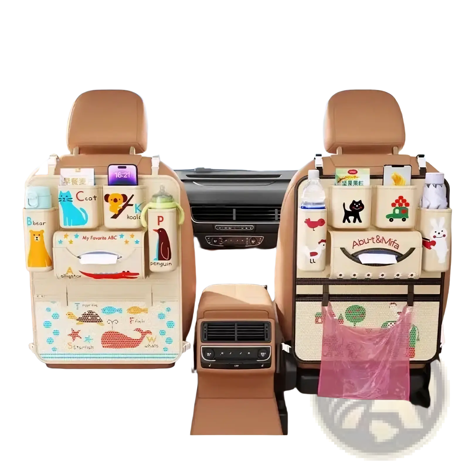 Beige car seat back organizer with cartoon animal and alphabet designs featuring multiple storage pockets
