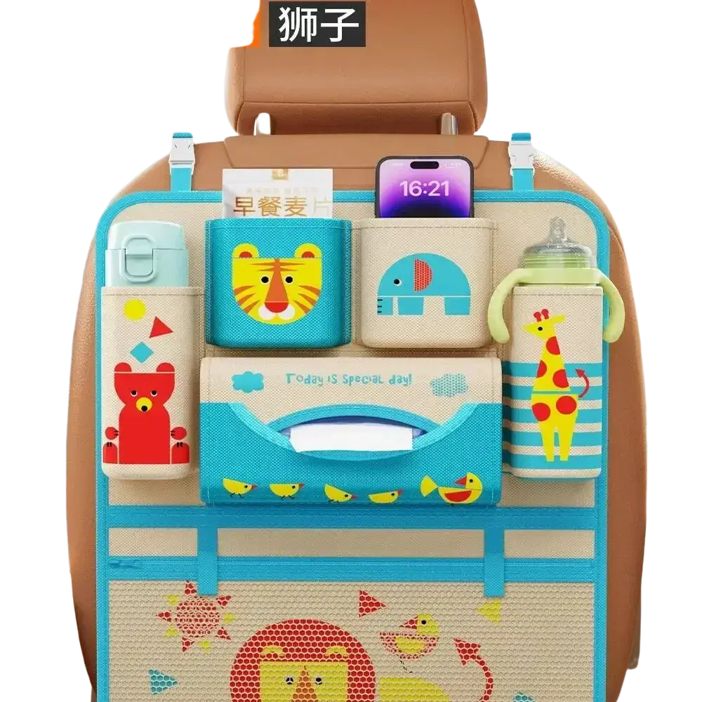 Blue and beige animal-themed car seat organizer with multiple compartments for bottles phone and tissues back view