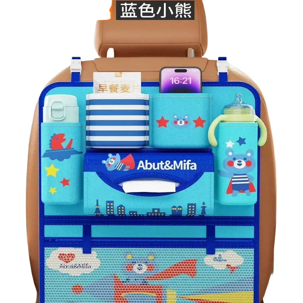 Blue cartoon bear-themed car seat organizer with multiple pockets and tissue box compartment, back side view