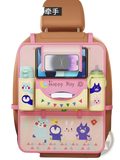 Pink and beige car seat organizer with cartoon animal designs and mesh pockets for phone and bottle storage