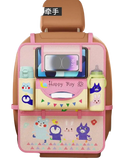 Pink and beige car seat organizer with cartoon animal designs and mesh pockets for phone and bottle storage
