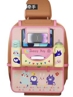 Pink and beige car seat organizer with cartoon animal designs and mesh pockets for phone and bottle storage
