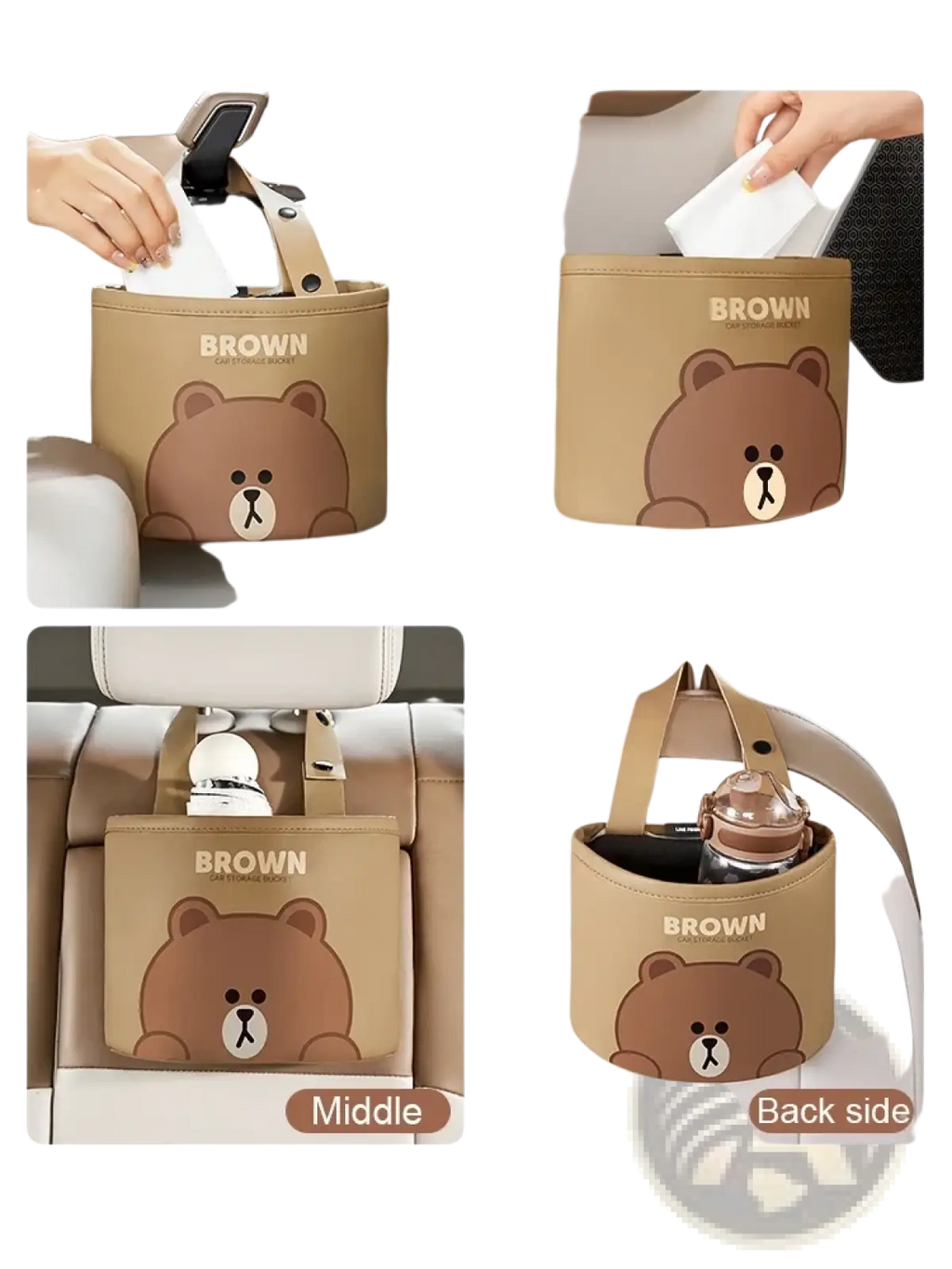 Beige brown bear-themed car tissue holder made of pu leather with soft fabric and sturdy handle for back seat organization
